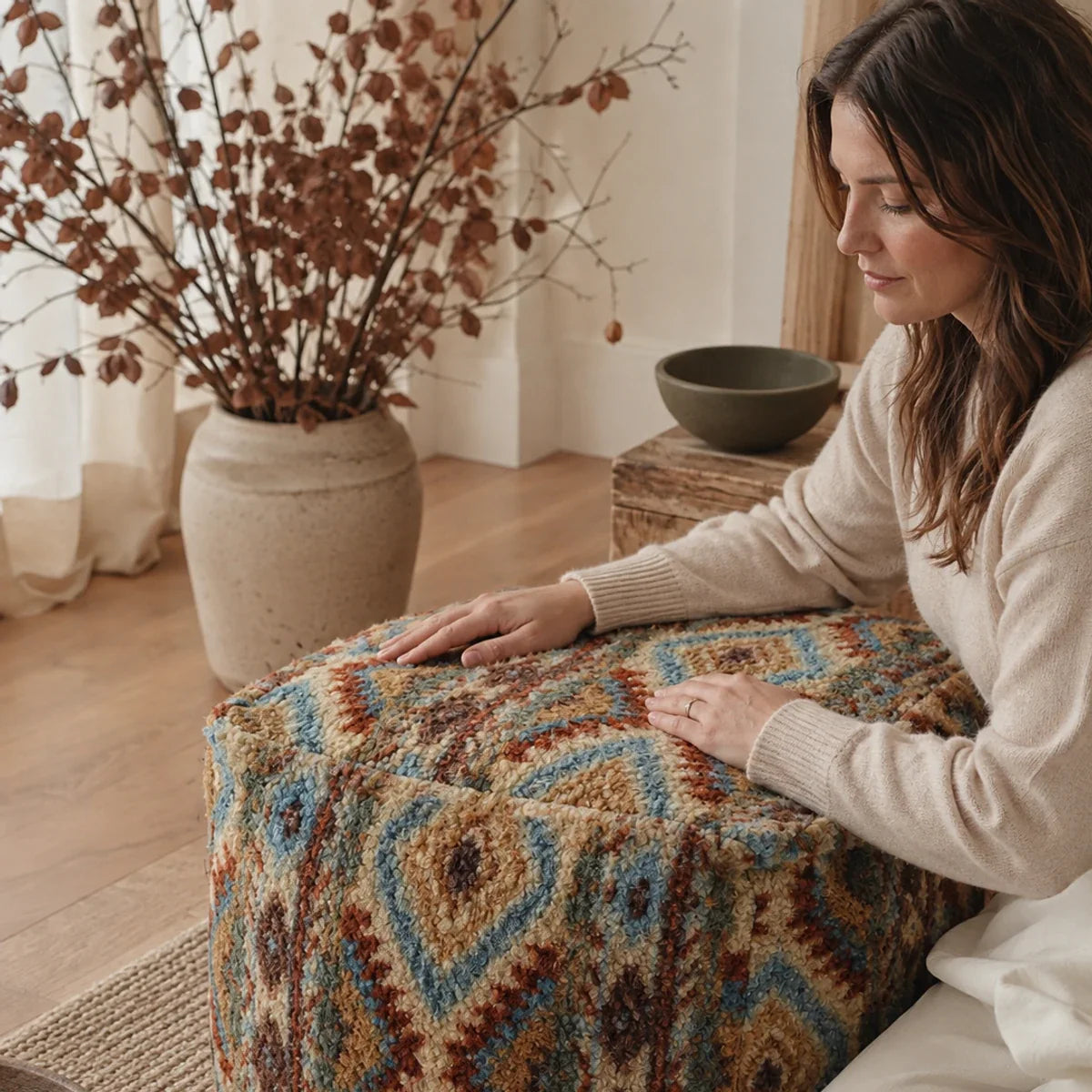Woman styling a Fair Isle textured floor cushion in a warm interior