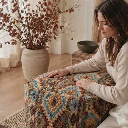 Woman styling a Fair Isle textured floor cushion in a warm interior