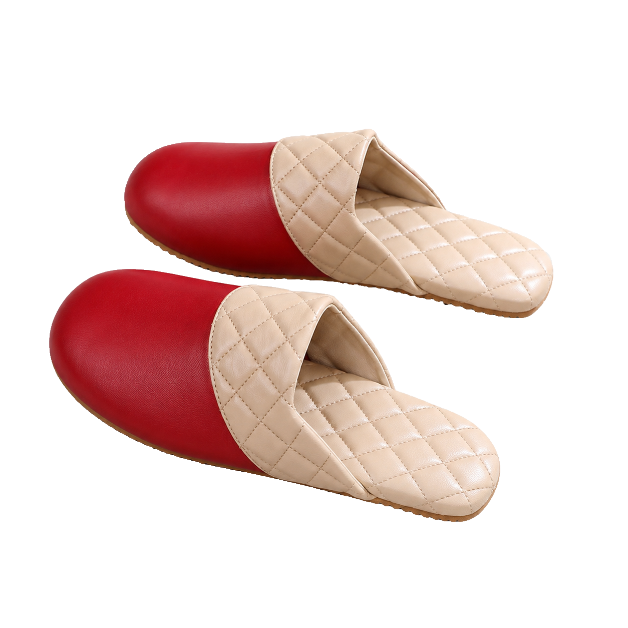 Heritage Red genuine lambskin leather house slippers on a transparent background