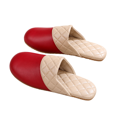 Heritage Red genuine lambskin leather house slippers on a transparent background