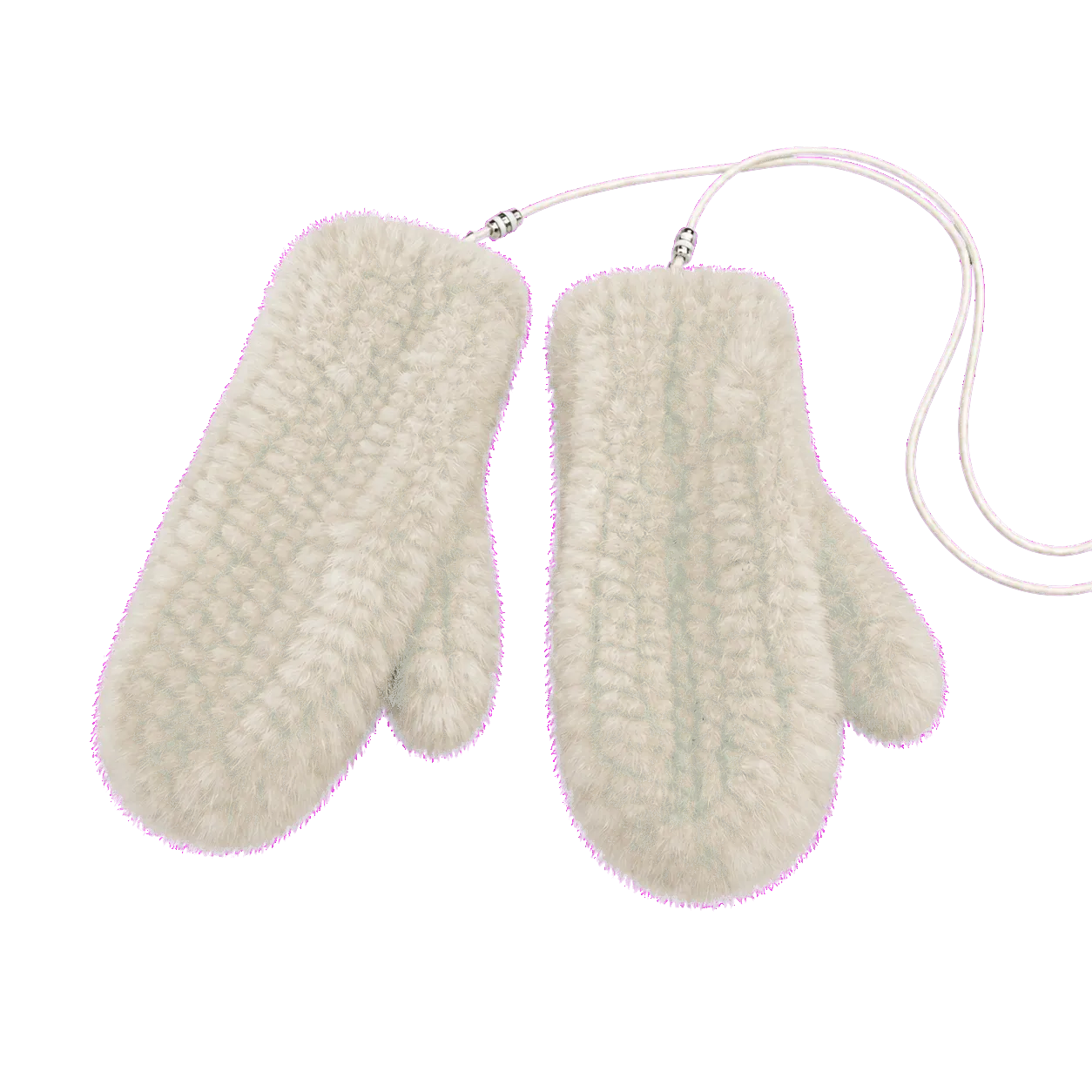 Ivory genuine mink fur knitted mittens isolated on a transparent background