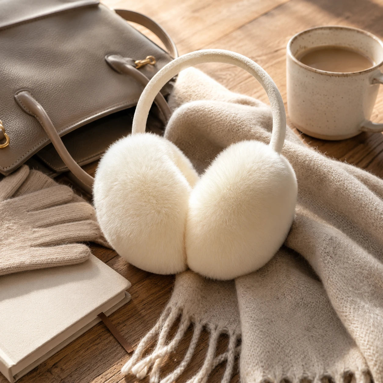 Ivory White genuine Rex rabbit fur earmuffs with scarf and leather bag