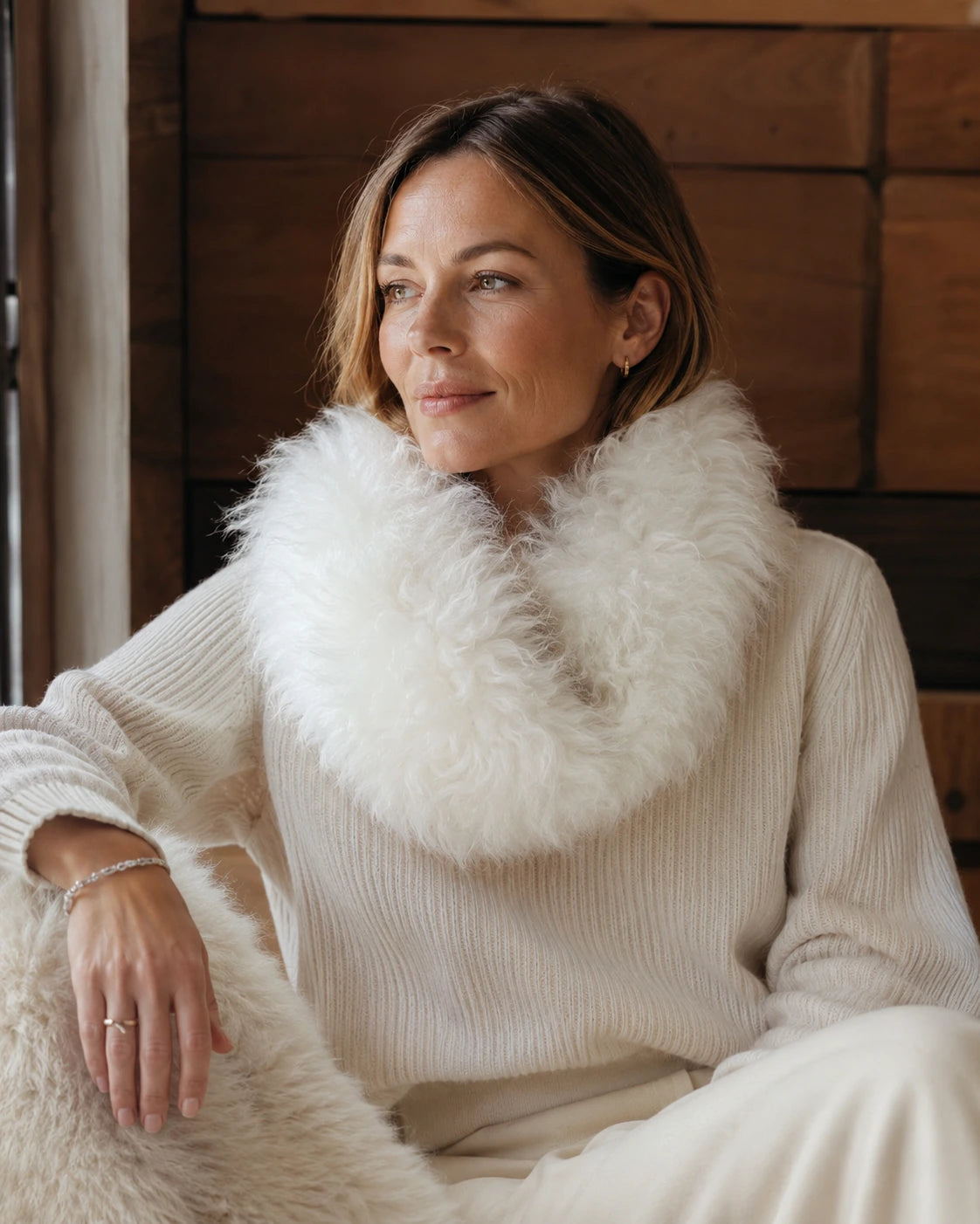 Adult woman wearing an Ivory White genuine lamb fur magnetic scarf in a cabin