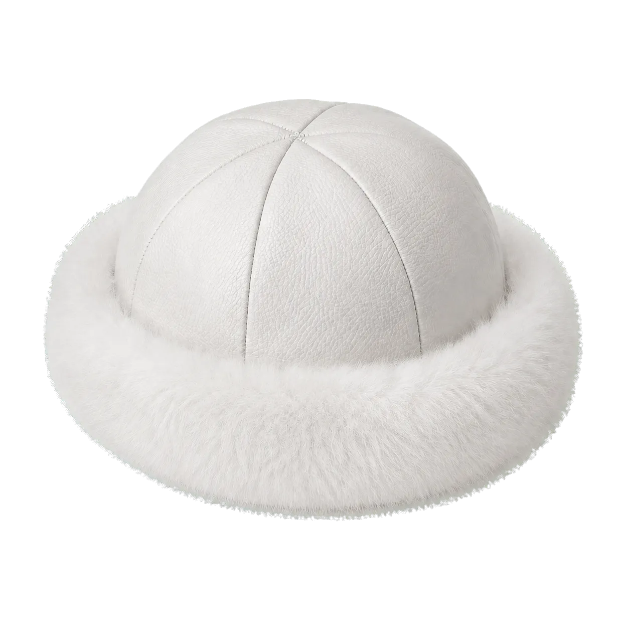 Ivory White rabbit fur and leather round winter hat