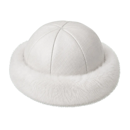 Ivory White rabbit fur and leather round winter hat