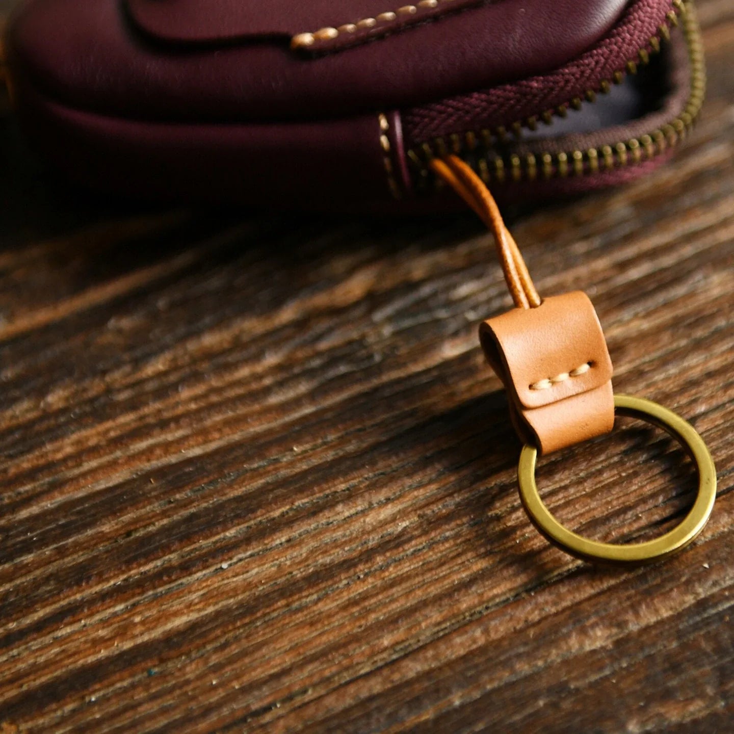 Leather car key case with wrist loop and split key ring