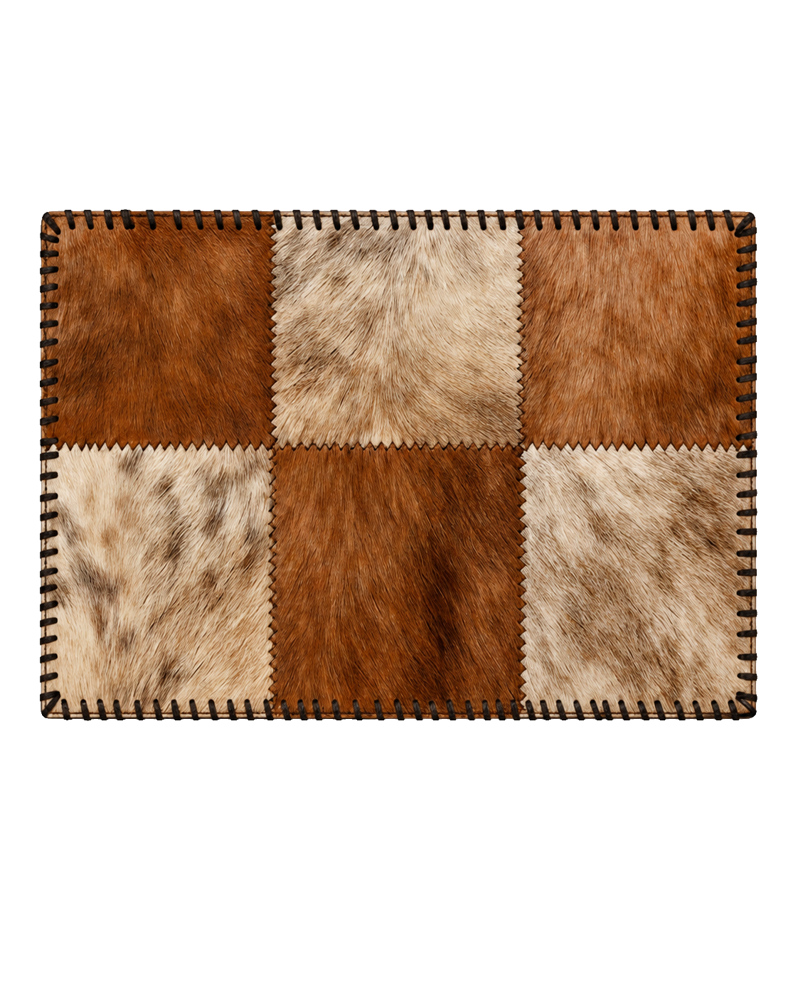 Light and dark genuine cowhide patchwork placemat with hand-laced border on transparent background