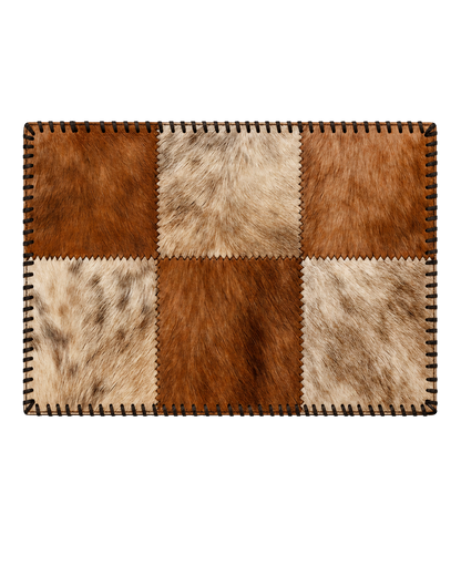 Light and dark genuine cowhide patchwork placemat with hand-laced border on transparent background