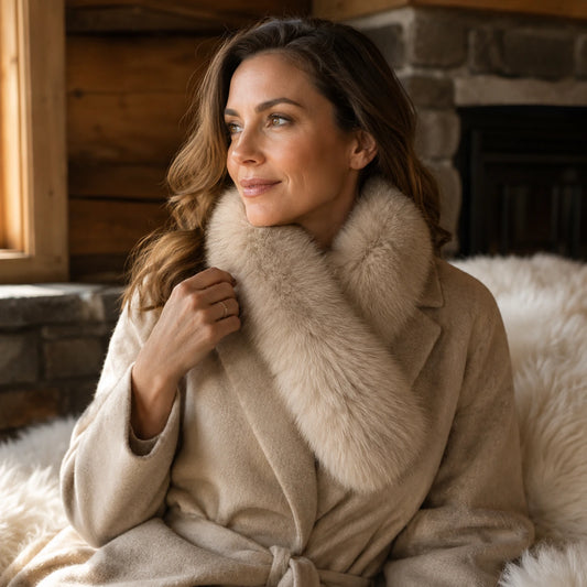 Adult woman wearing a Light Taupe Two-Tone genuine fur V-scarf in a warm living room