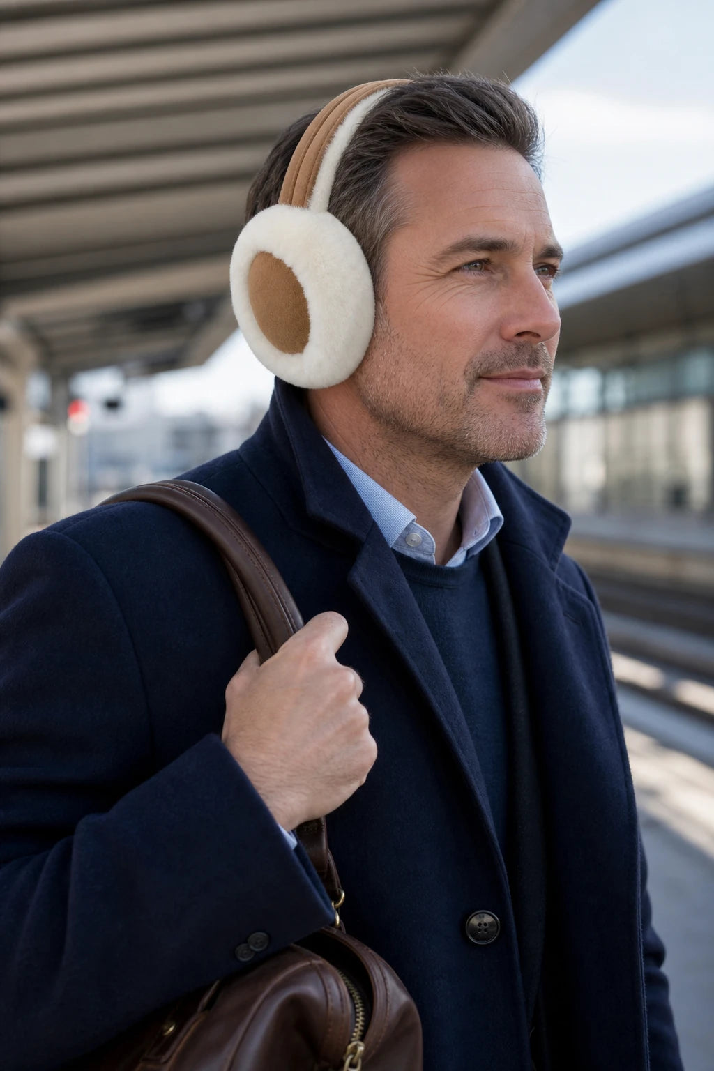 Man wearing ivory and camel sheepskin earmuffs during a cold-weather train commute