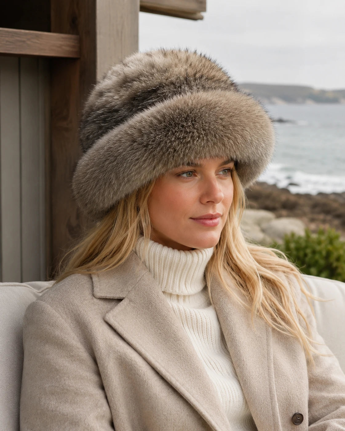 Light Sable Brown genuine sable fur bucket hat worn with a neutral winter coat near the coast