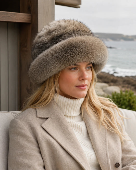 Light Sable Brown genuine sable fur bucket hat worn with a neutral winter coat near the coast