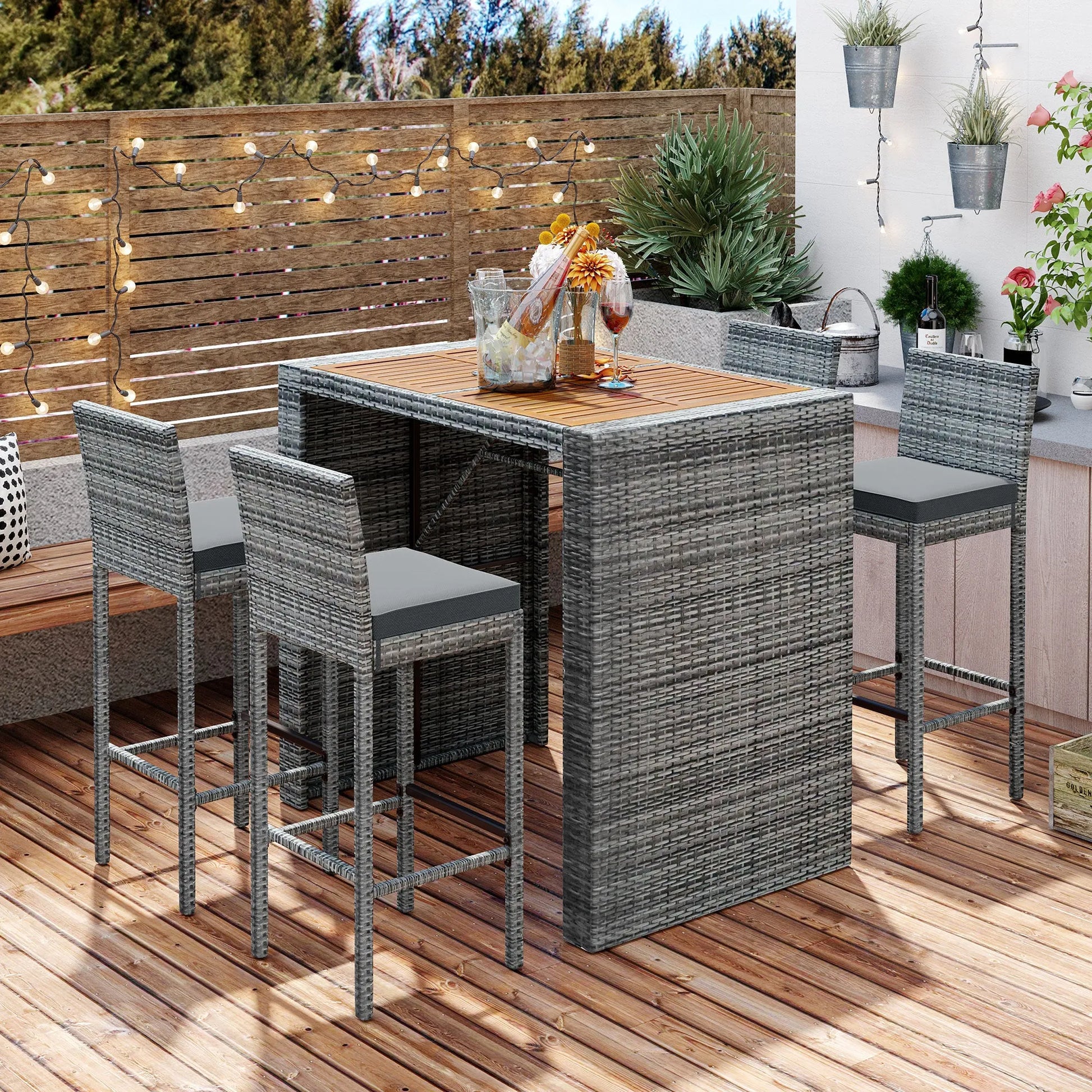 <Old SKU: FG201216AAE> GO 5-pieces Outdoor Patio Wicker Bar Set, Bar Height Chairs With Non-Slip Feet And Fixed Rope, Removable Cushion, Acacia Wood – view 3