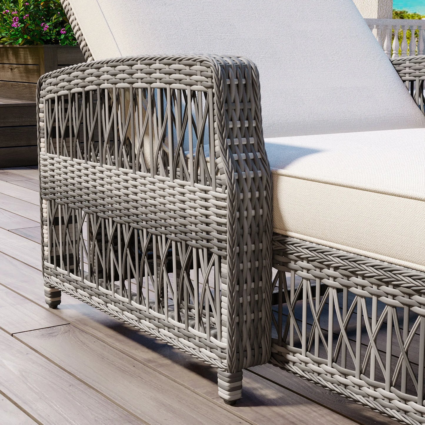 Outdoor Long Reclining Chaise, Wicker Lounge with Armrests, Patio Adjustable Recliner with Soft Removable Cushions, All Weather Rattan Pool Lounge – view 3