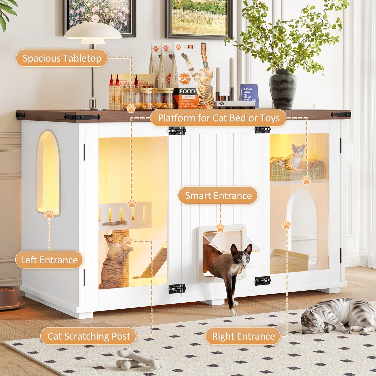 47.25' Large Cat Litter Box Enclosure with LED Light, Hidden Litter Box Furniture, Cat House with Stairs and Cat Scratching Post, Cat Cabinet Side – view 3