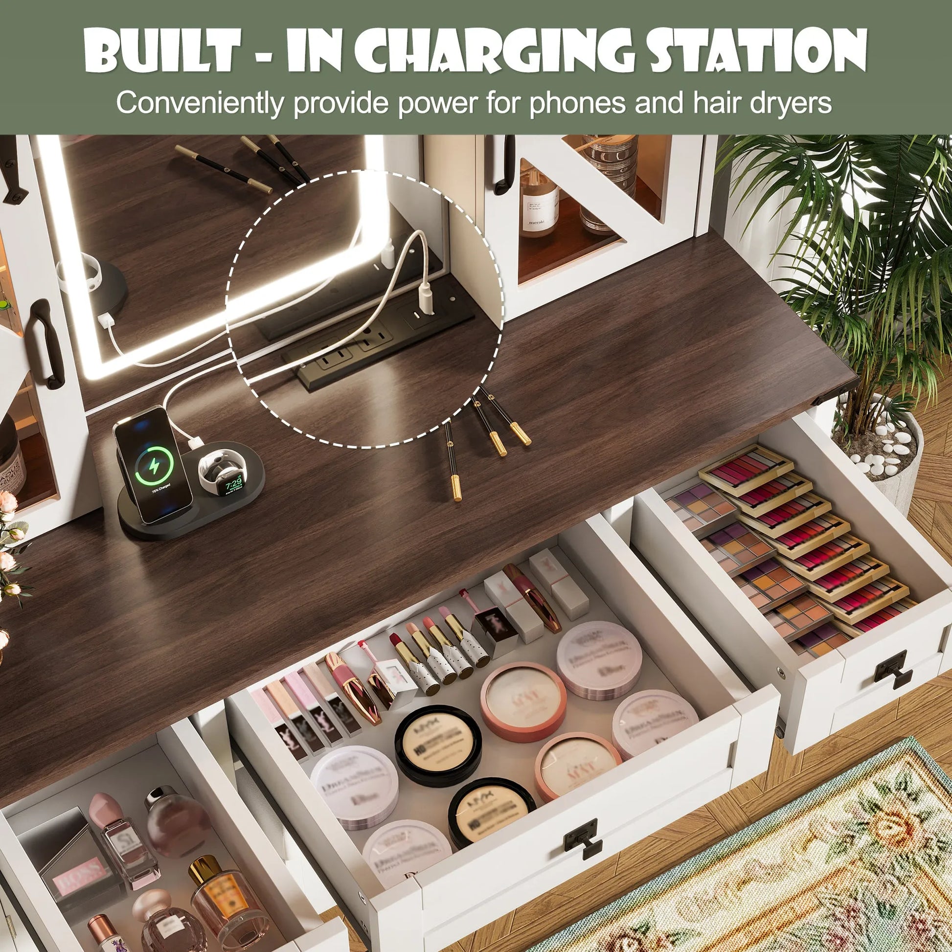 (Stool NOT Included) 43.3' Farmhouse Makeup Vanity Desk with Lighted Mirror, Vanity Table with Charging Station, Dressing Table with Sliding Barn – view 3