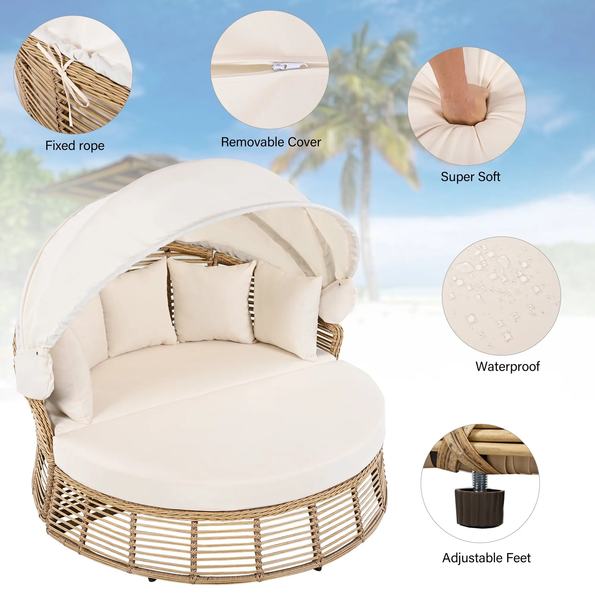 <Old SKU: N704G201243A> Outdoor Patio Rattan Round Daybed with Retractable Canopy, Wicker Furniture Round Poolside Sofa Sunbed with Removable – view 3