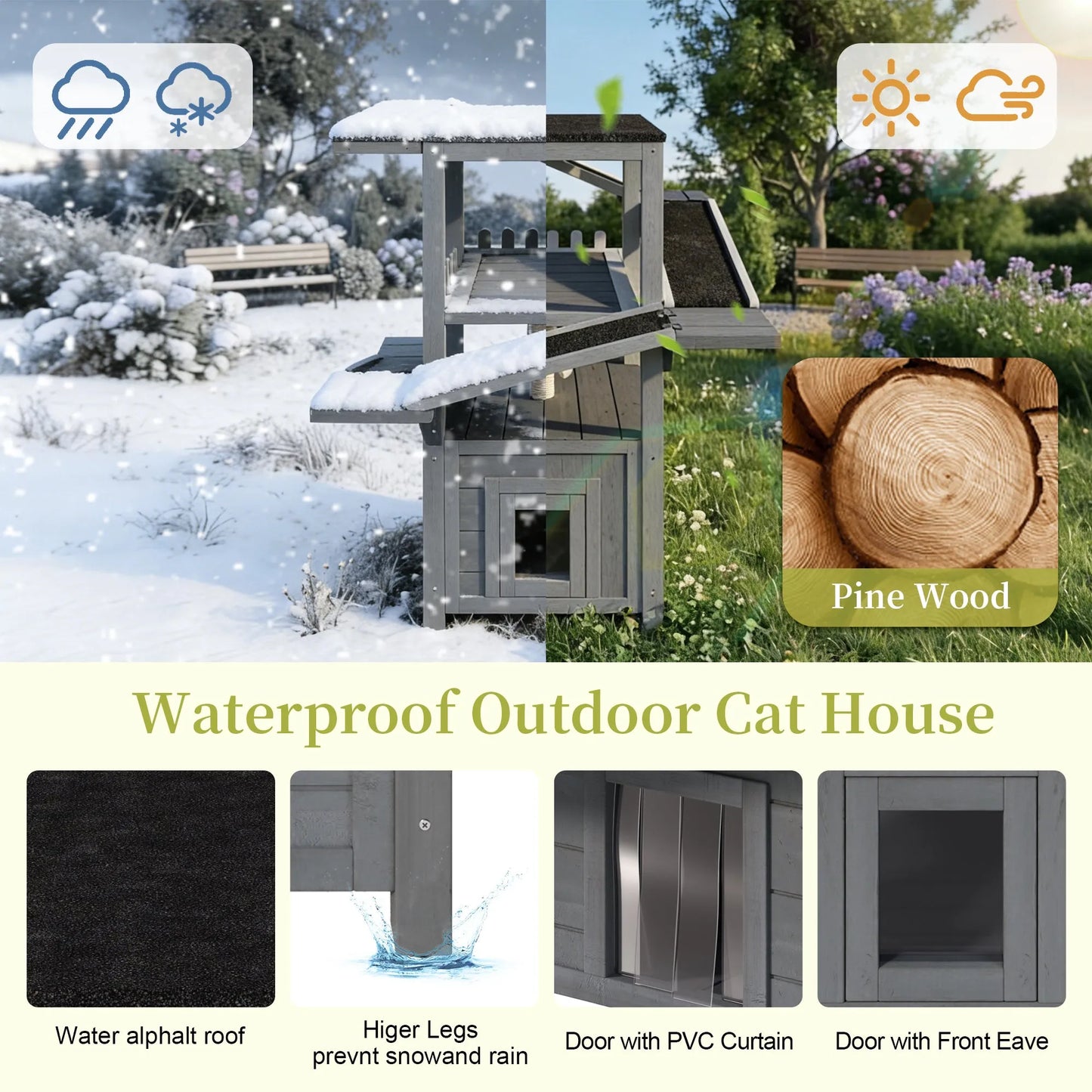 4 Tiers Outdoor Cat House Weatherproof Cat Tree Tower with Waterproof Roof and 2 Doors , Feral Cat Shelter Outside Enclosure, Multi-Level Play Zones – view 3