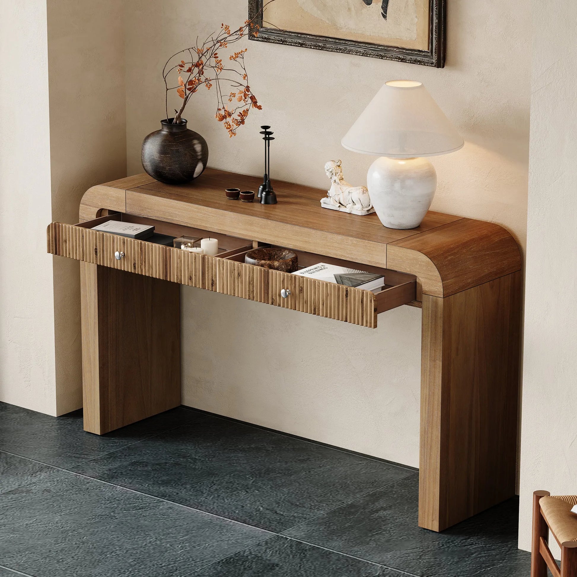 Rustic Console Table with Fluted Drawer Front, Entryway Table with Curved Corners & Thick Legs, Sturdy Sofa Table for Hallway & Living Room (Natural) – view 3