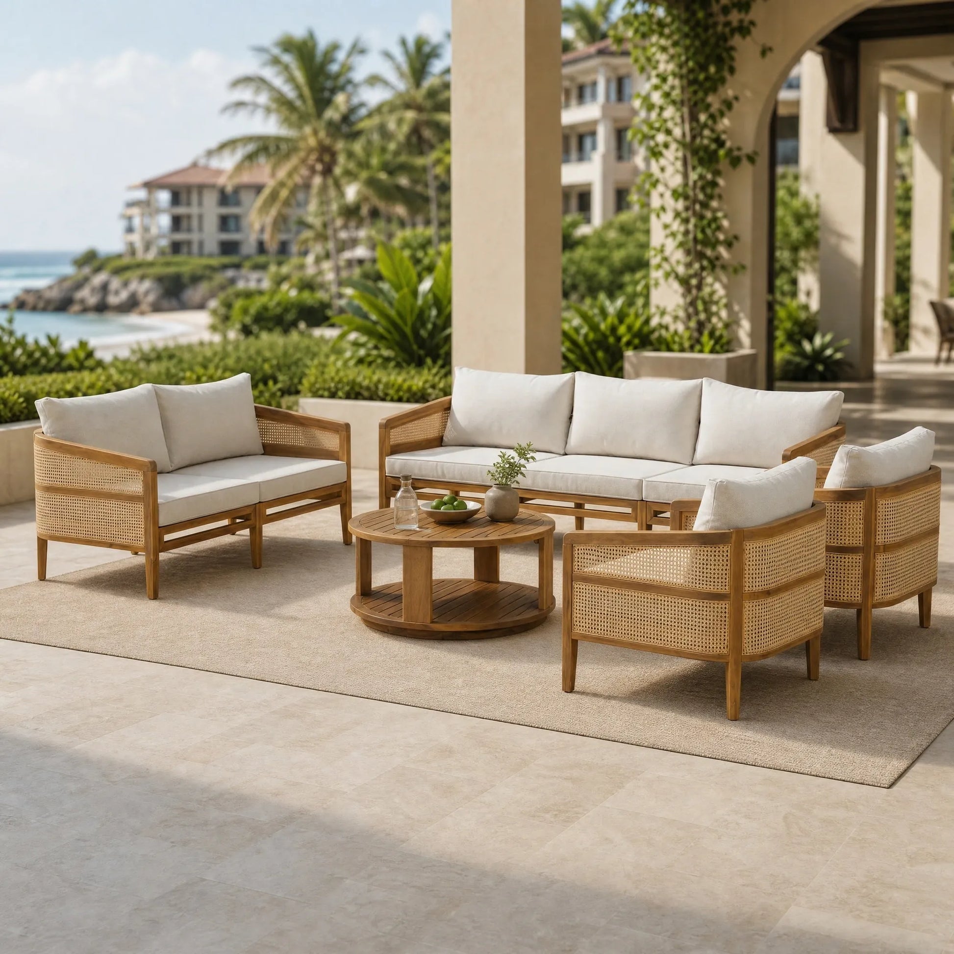 5-Piece Acacia Wood Patio Furniture Set, Modular Outdoor PE Rattan Sofa Set with Loveseat, 2 Armchairs & Round Coffee Table, Water-Resistant Cushions – view 3