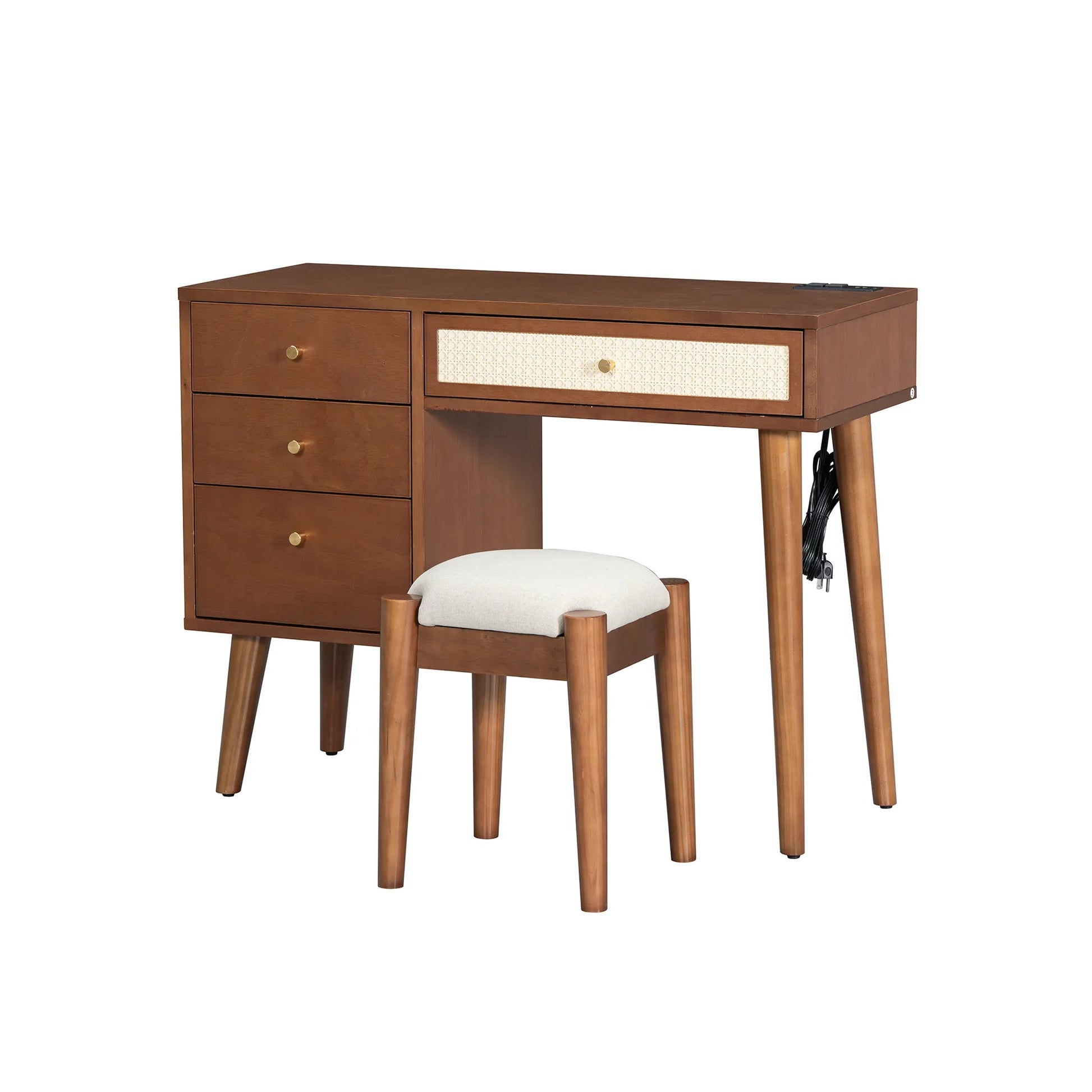 39' Retro Bohemian Style Wooden Makeup Vanity Set with Charging Plug&USB Port and Stool, Dressing Table with 3 Storage Drawers and 1 Rectangular – view 3