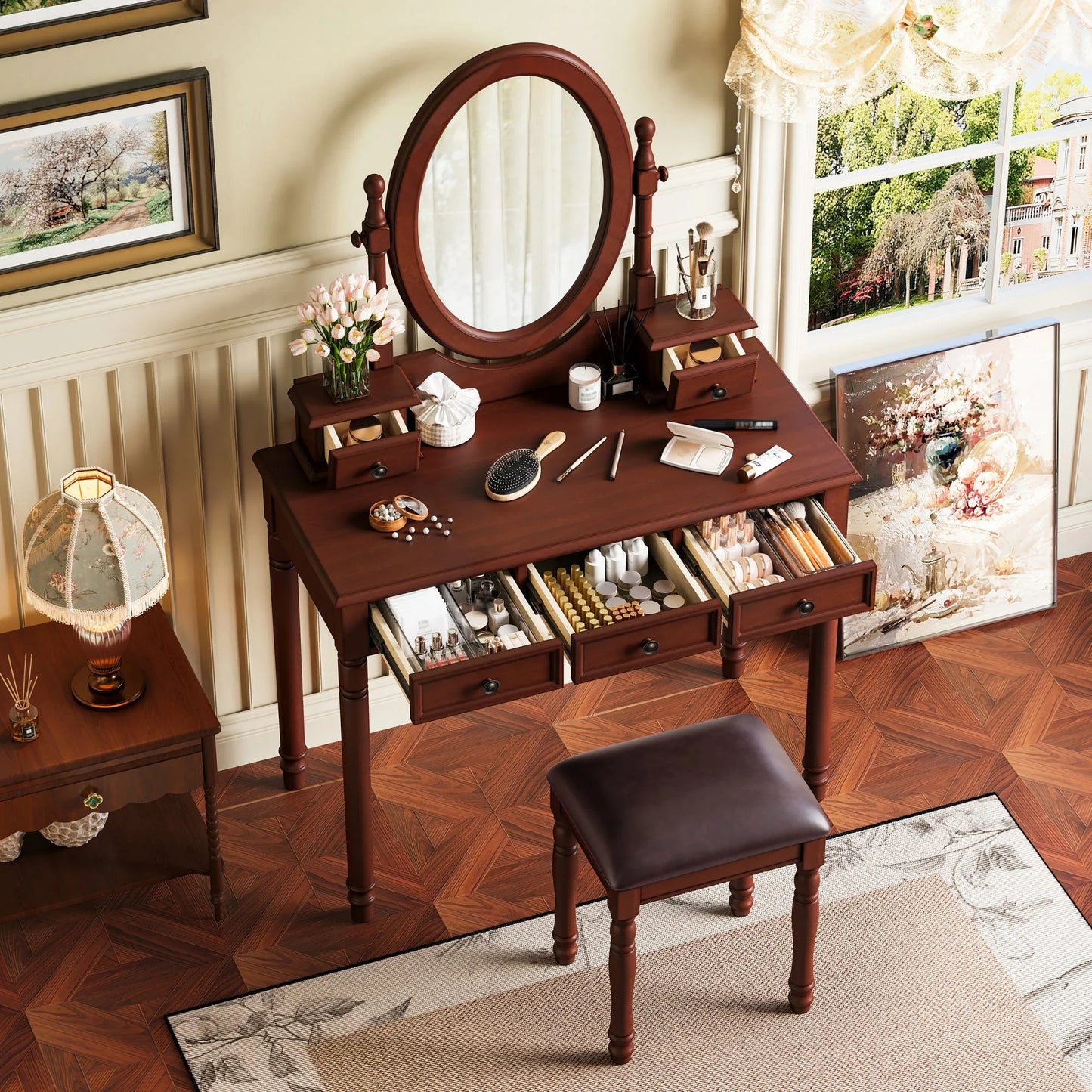 Vanity Desk with Adjustable Angle Mirror, Vintage Vanity Makeup Table and Cushioned Stool Set with Velvet Fabric Lining 5 Drawers,Wooden Dressing – view 3