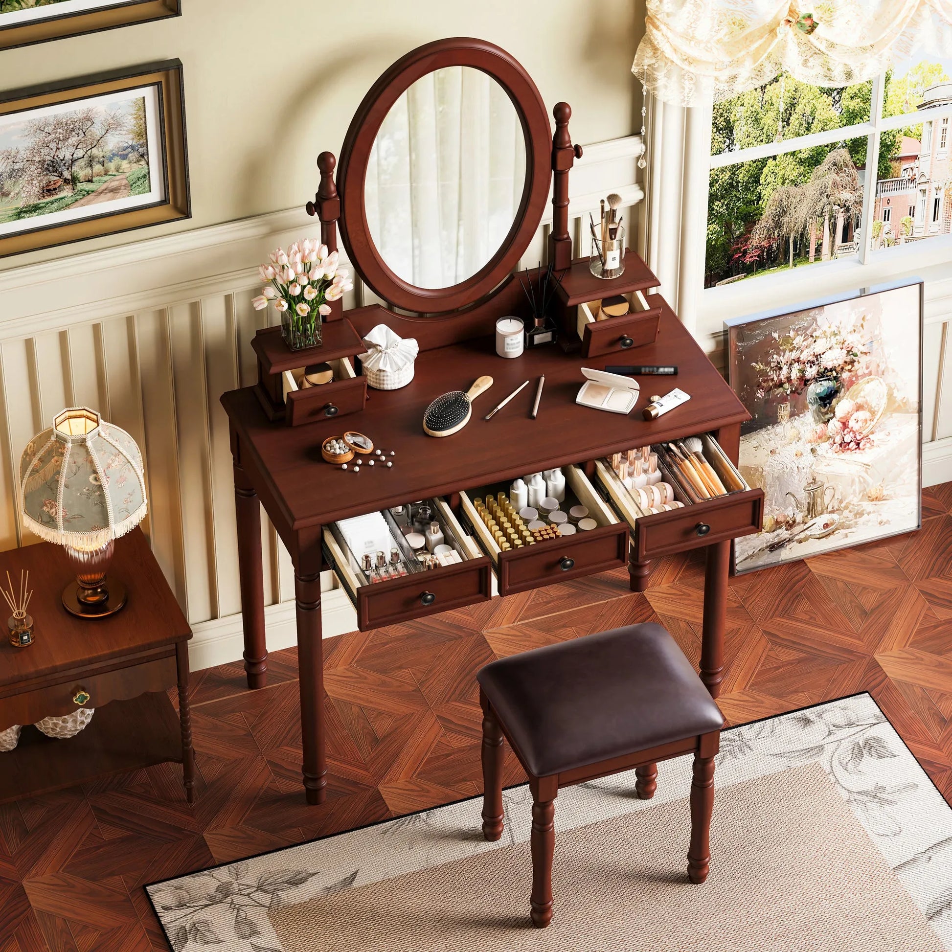 Vanity Desk with Adjustable Angle Mirror, Vintage Vanity Makeup Table and Cushioned Stool Set with Velvet Fabric Lining 5 Drawers,Wooden Dressing – view 3