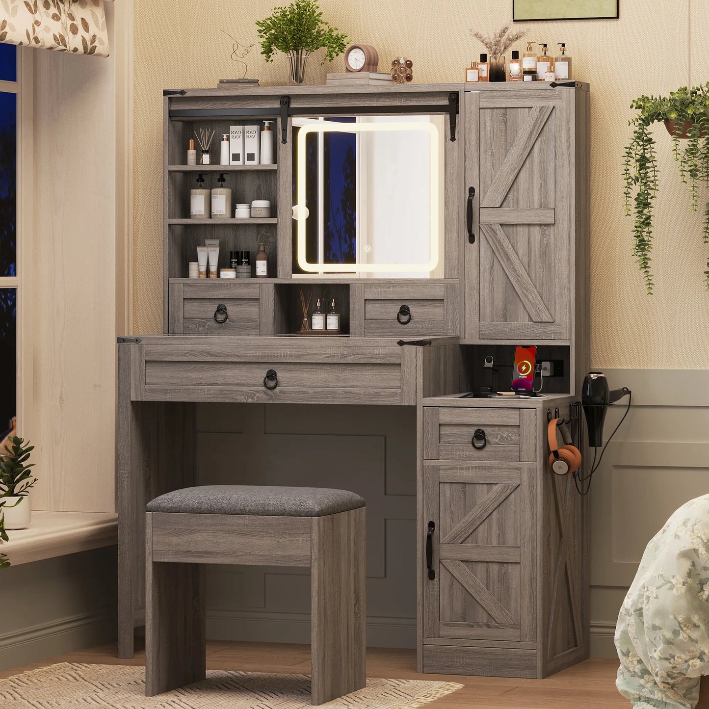 Farmhouse Vanity Desk with Sliding Mirror and Lights, Vanity Set with Glass Top and Charging Station ,Dressing Table with 4 Drawers and 2 Cabinets – view 3