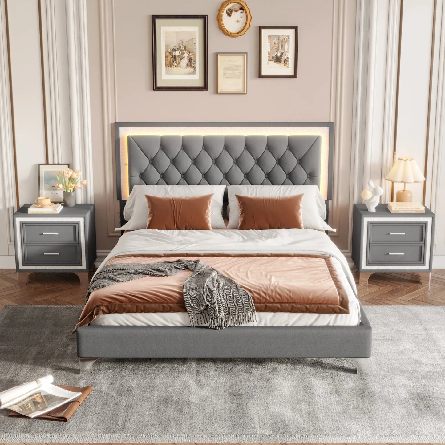 3-Pieces Bedroom Sets,Queen Size Upholstered Platform Bed with LED Lights and Two Nightstands-Gray – view 3