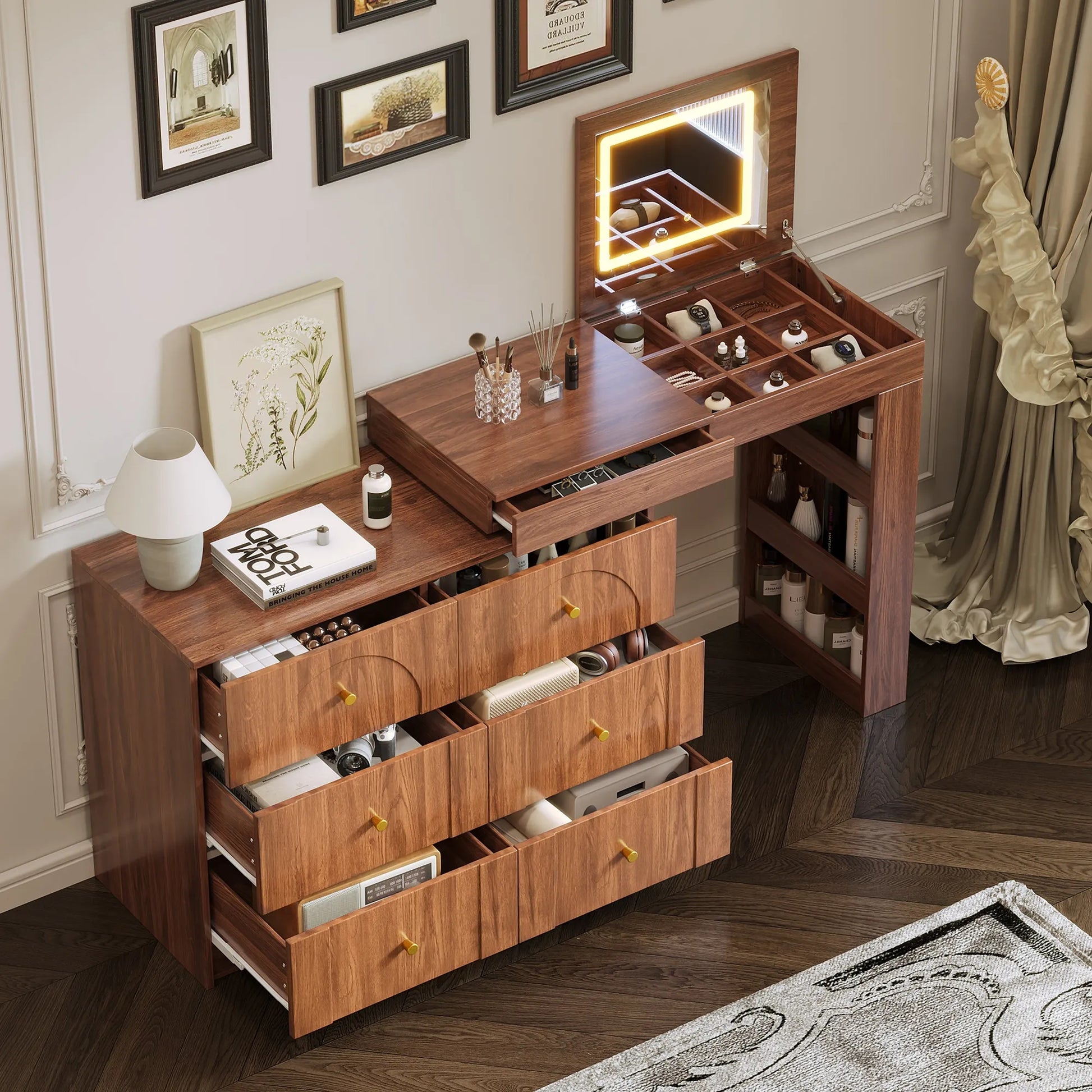Vanity Desk with Mirror and Lights, Makeup Vanity Table with Flip-Top Tabletop and Storage 7 Drawers, 9 Compartments, 3 Shelves, 3 Color Modes – view 3