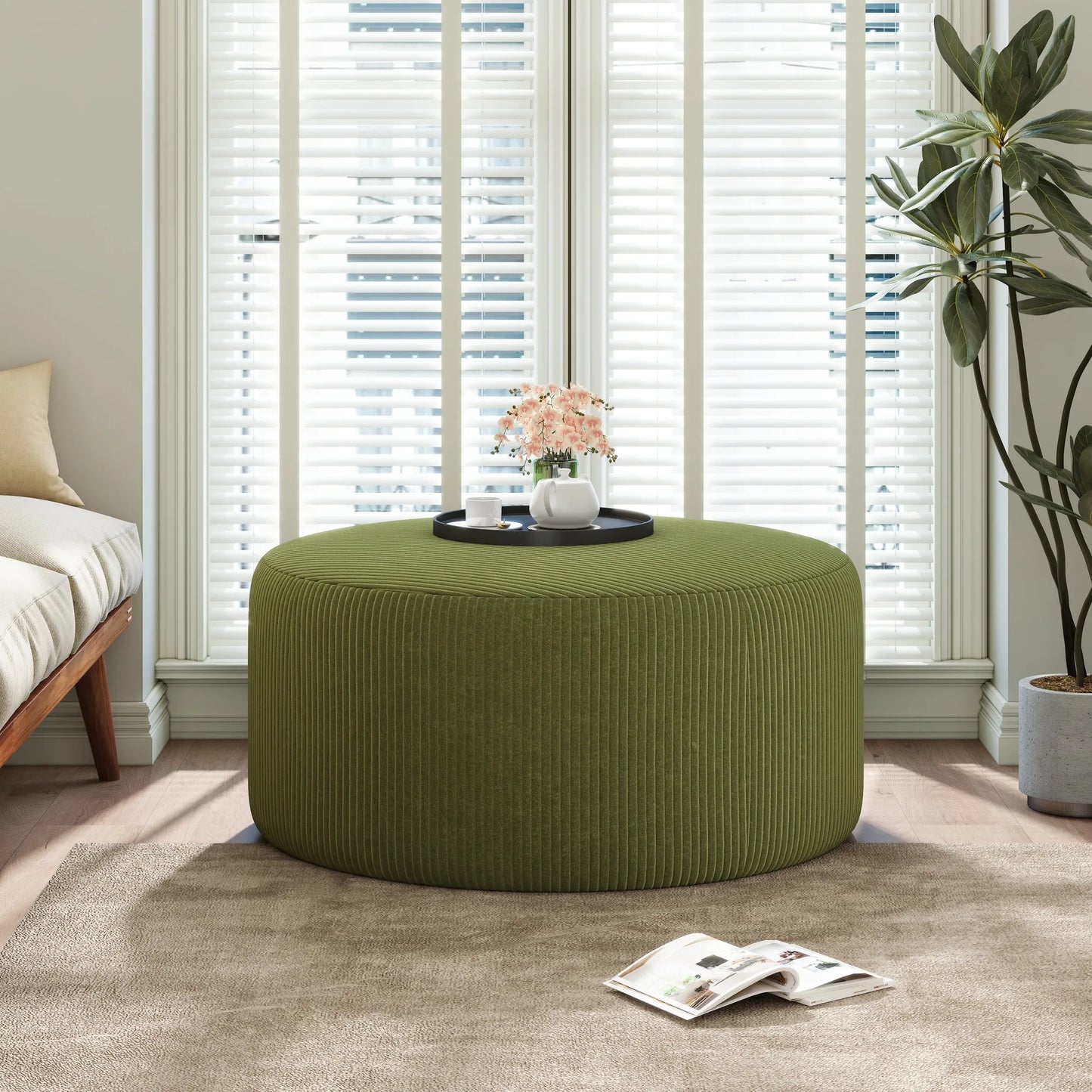 Upholstered Round Ottoman,Olive Green,Corduroy – view 3