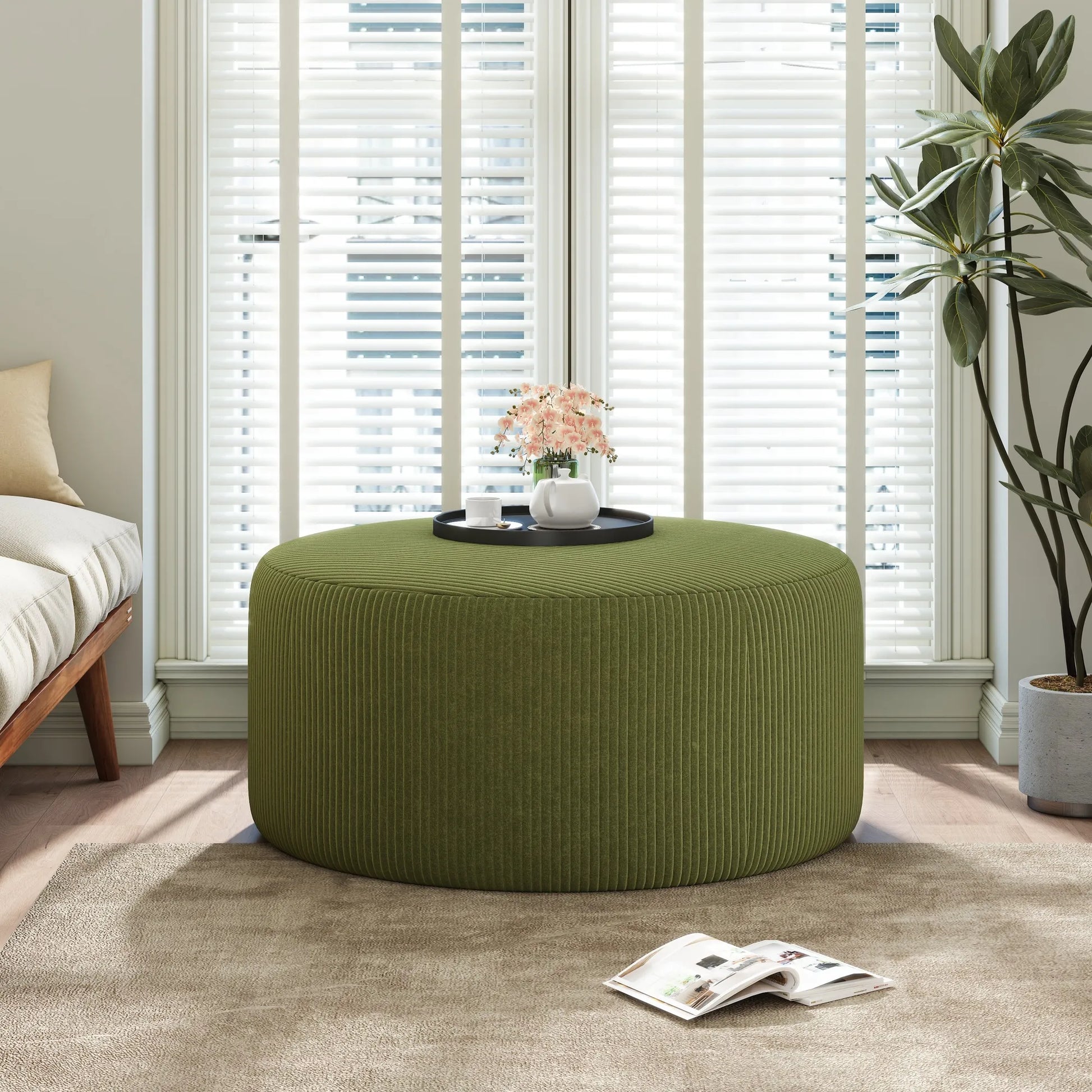 Upholstered Round Ottoman,Olive Green,Corduroy – view 3