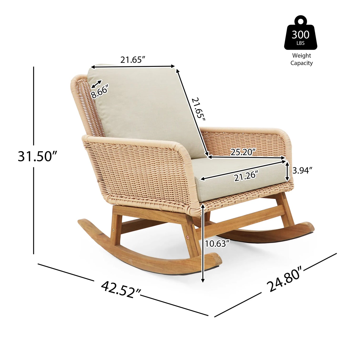 Contemporary Minimalist Beige Wicker Rocking Chair with Soft Polyester Cushions and Wooden Frame – view 3