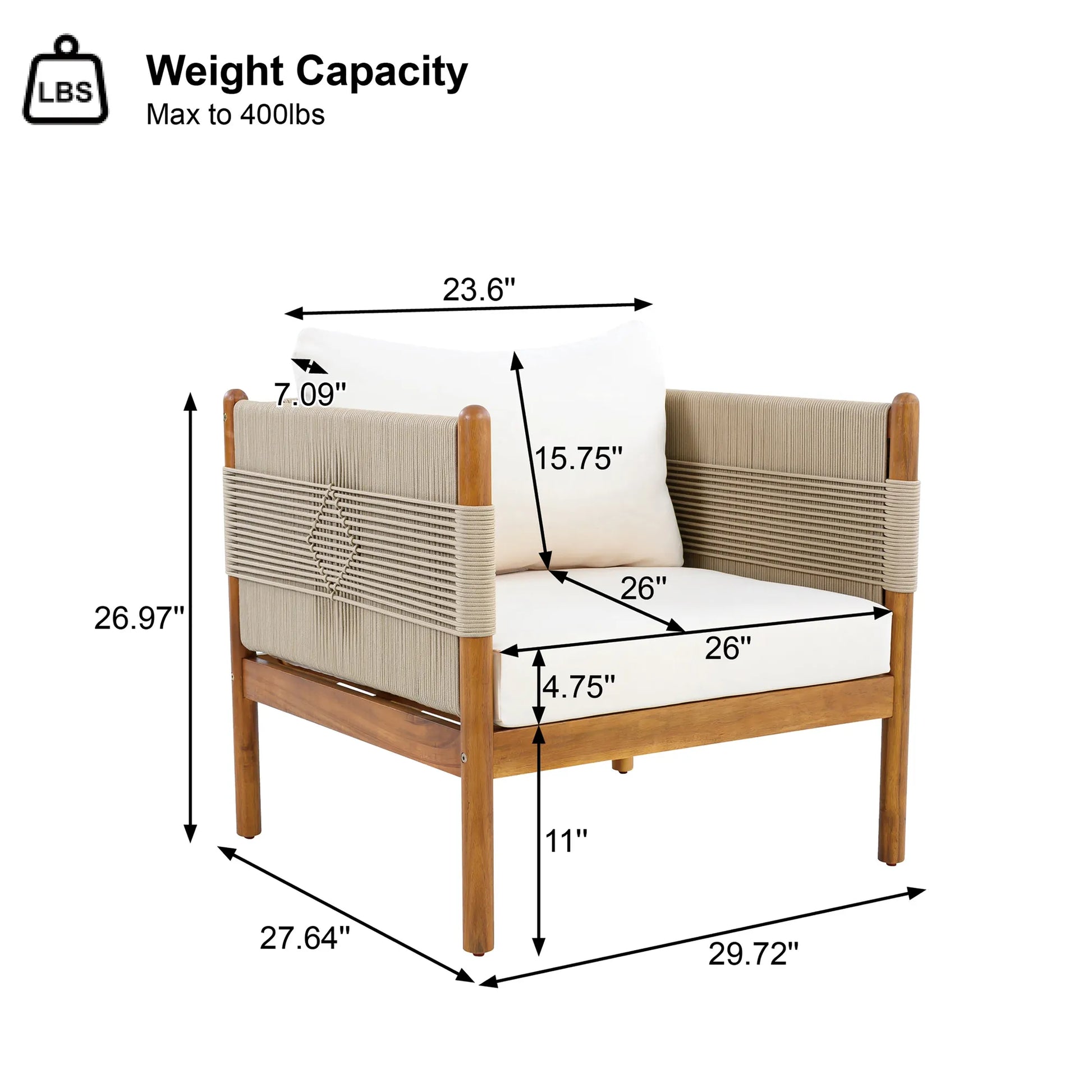 Outdoor Acacia Wood Club Chair with Diamond Rope Weave & Cushions, Teak Finish – view 3