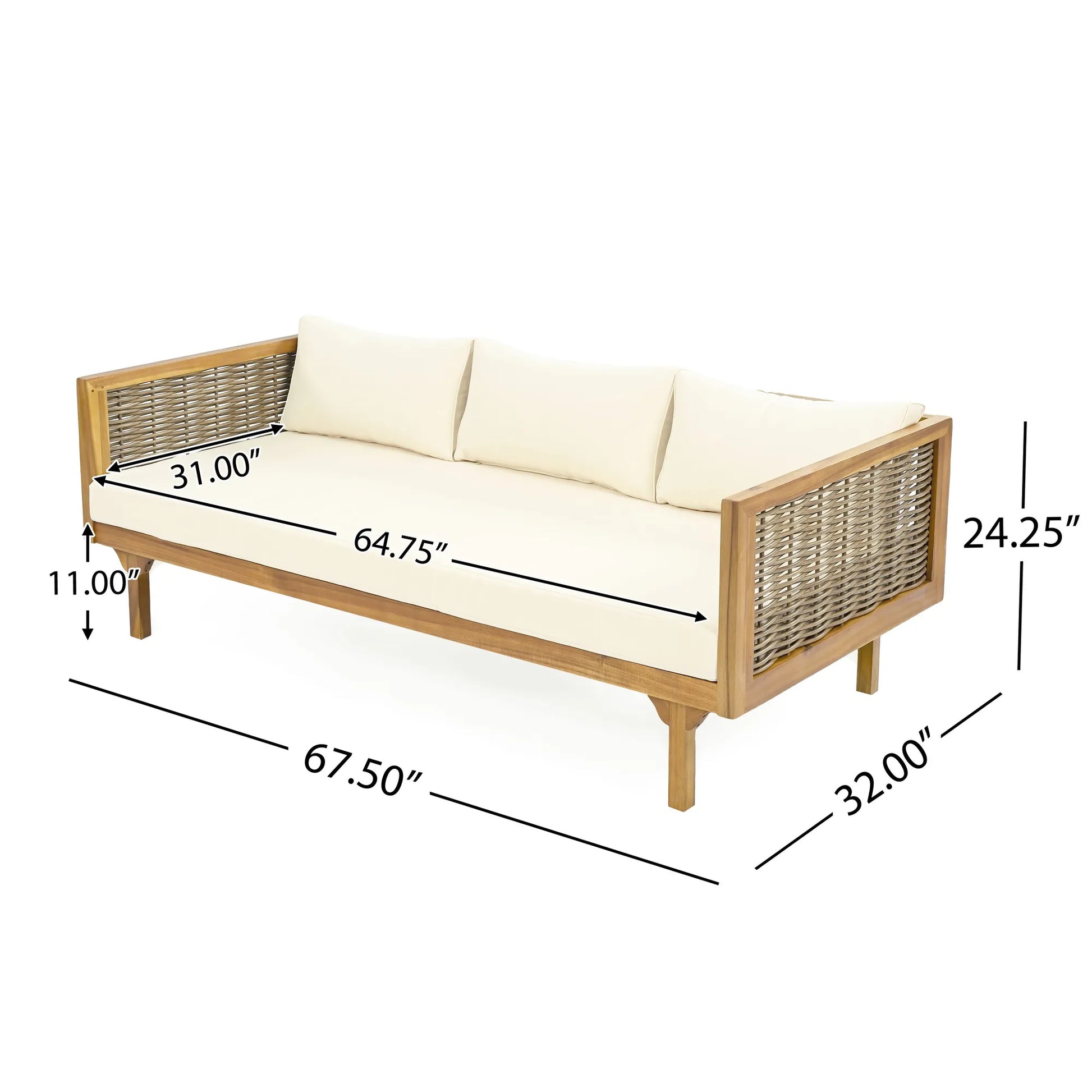 CLAREMONT 3 Seater Daybed with Rattan Arms Beige Cushion Acacia Wood – view 3