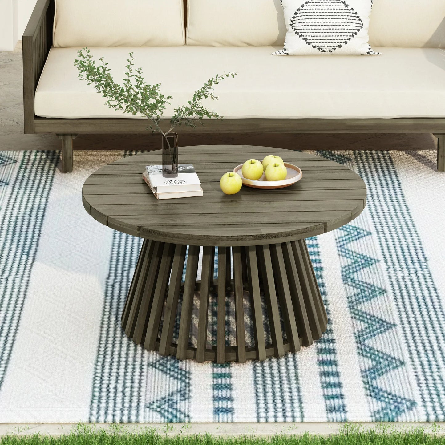 Outdoor Acacia Wood Patio Coffee Table, Round Coffee Table for Backyard, Lawn, Balcony,Grey Finish – view 3