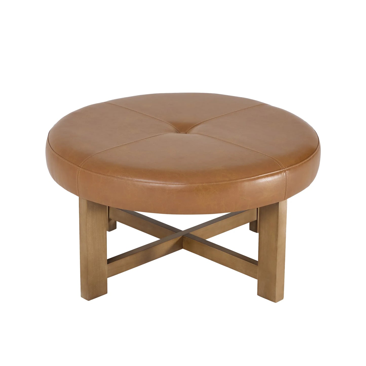 Round Leather Ottoman Coffee Table with Solid Wood Base, Tufted Faux Leather Upholstered Footrest, Brown Top with Walnut Finish Legs – view 3