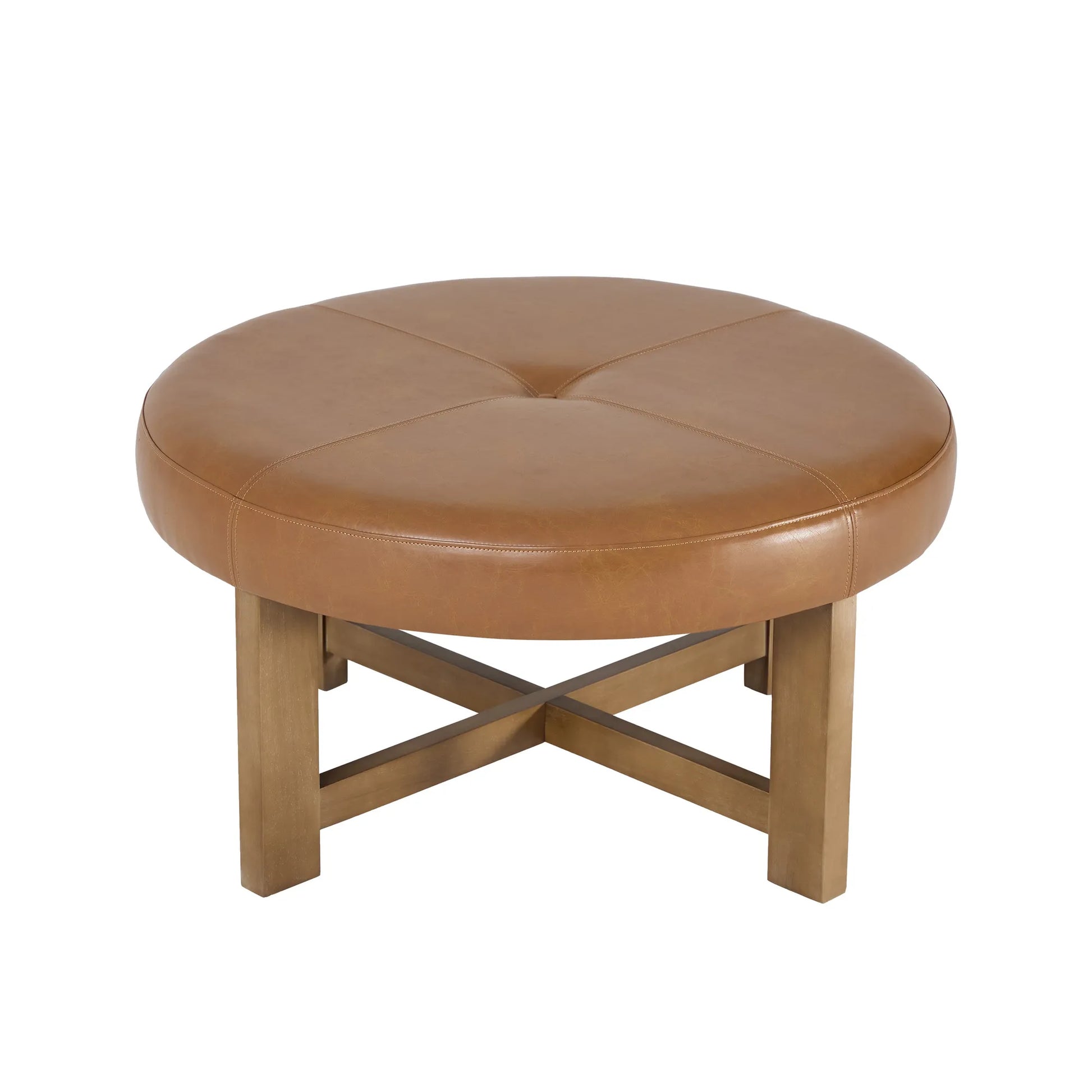 Round Leather Ottoman Coffee Table with Solid Wood Base, Tufted Faux Leather Upholstered Footrest, Brown Top with Walnut Finish Legs – view 3