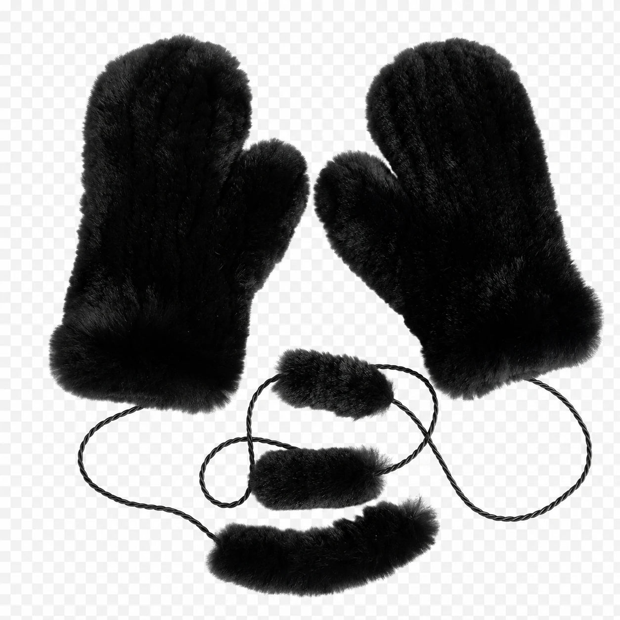 Natural Black genuine Rex rabbit fur knit mittens, product view