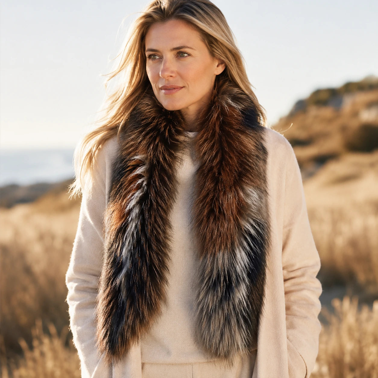 Natural Fox Mix genuine fox fur scarf worn outdoors with a cream sweater