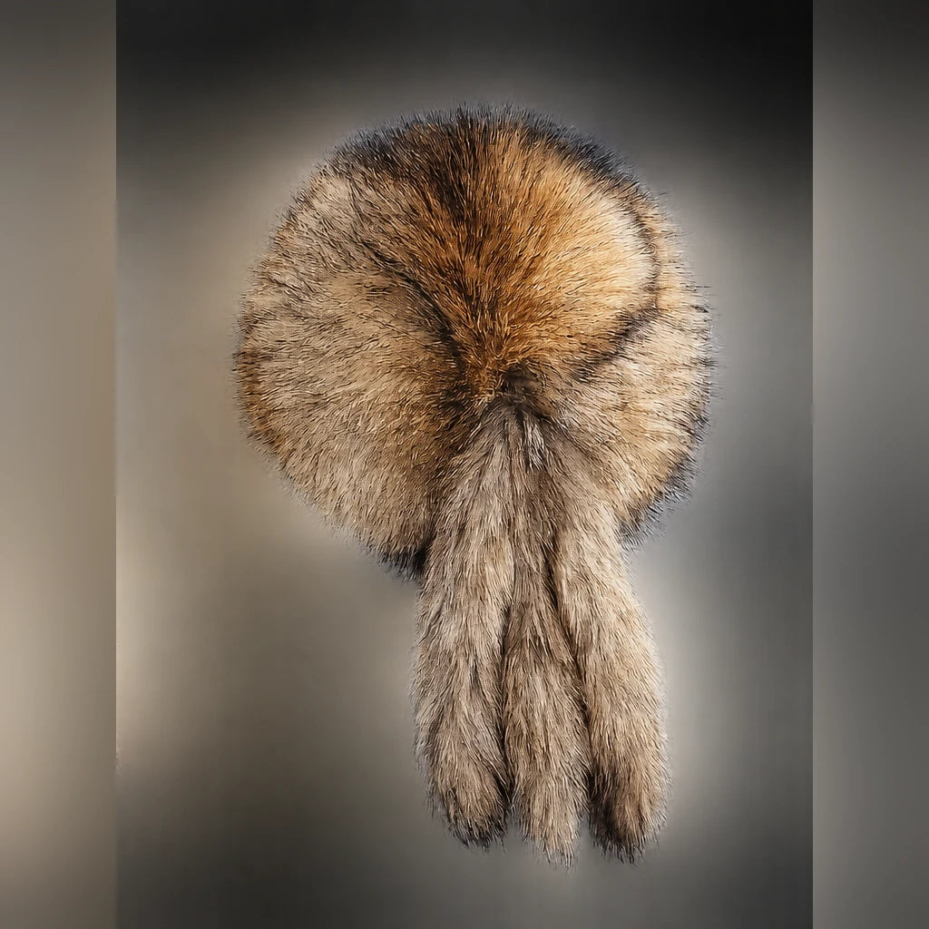 Natural raccoon fur trapper hat rear view with three fur tails