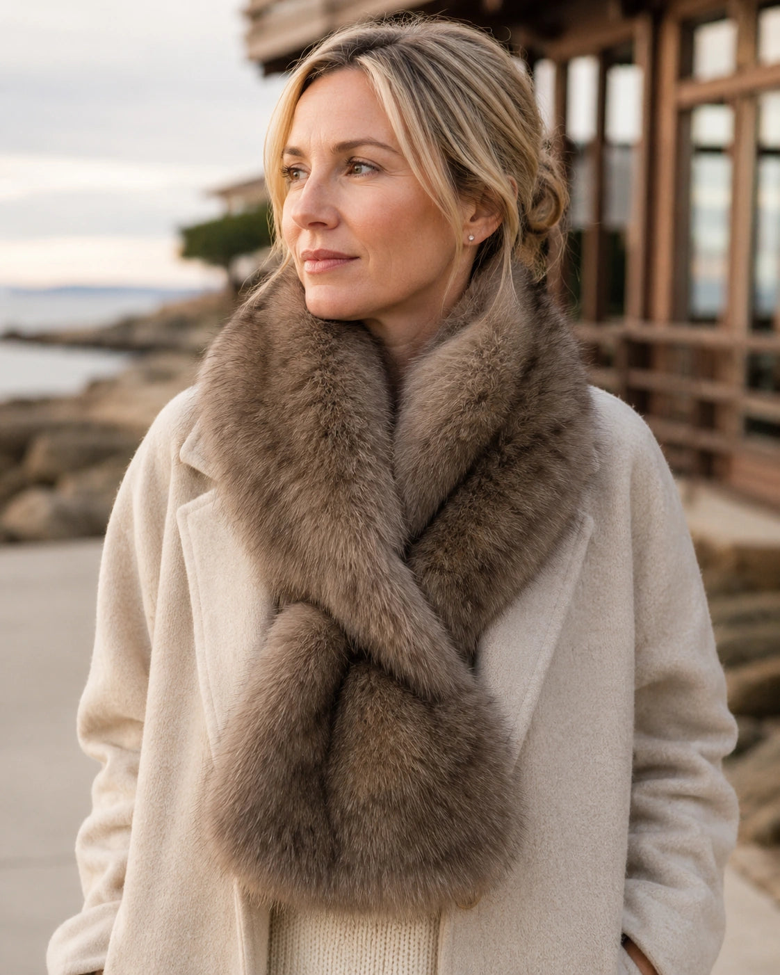Woman over 45 wearing a Soft Taupe Brown rectangular fur scarf with a cream coat by the coast
