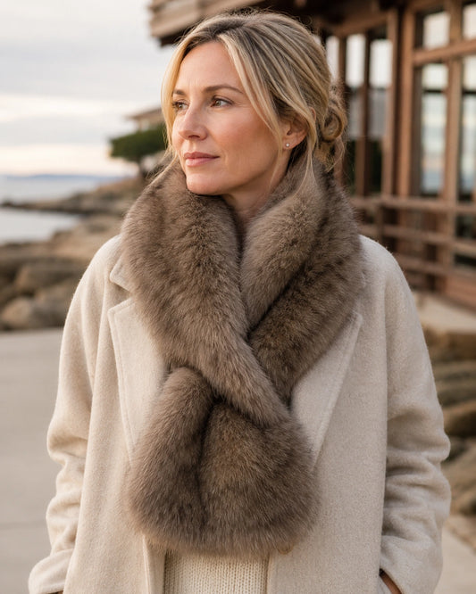 Woman over 45 wearing a Soft Taupe Brown rectangular fur scarf with a cream coat by the coast
