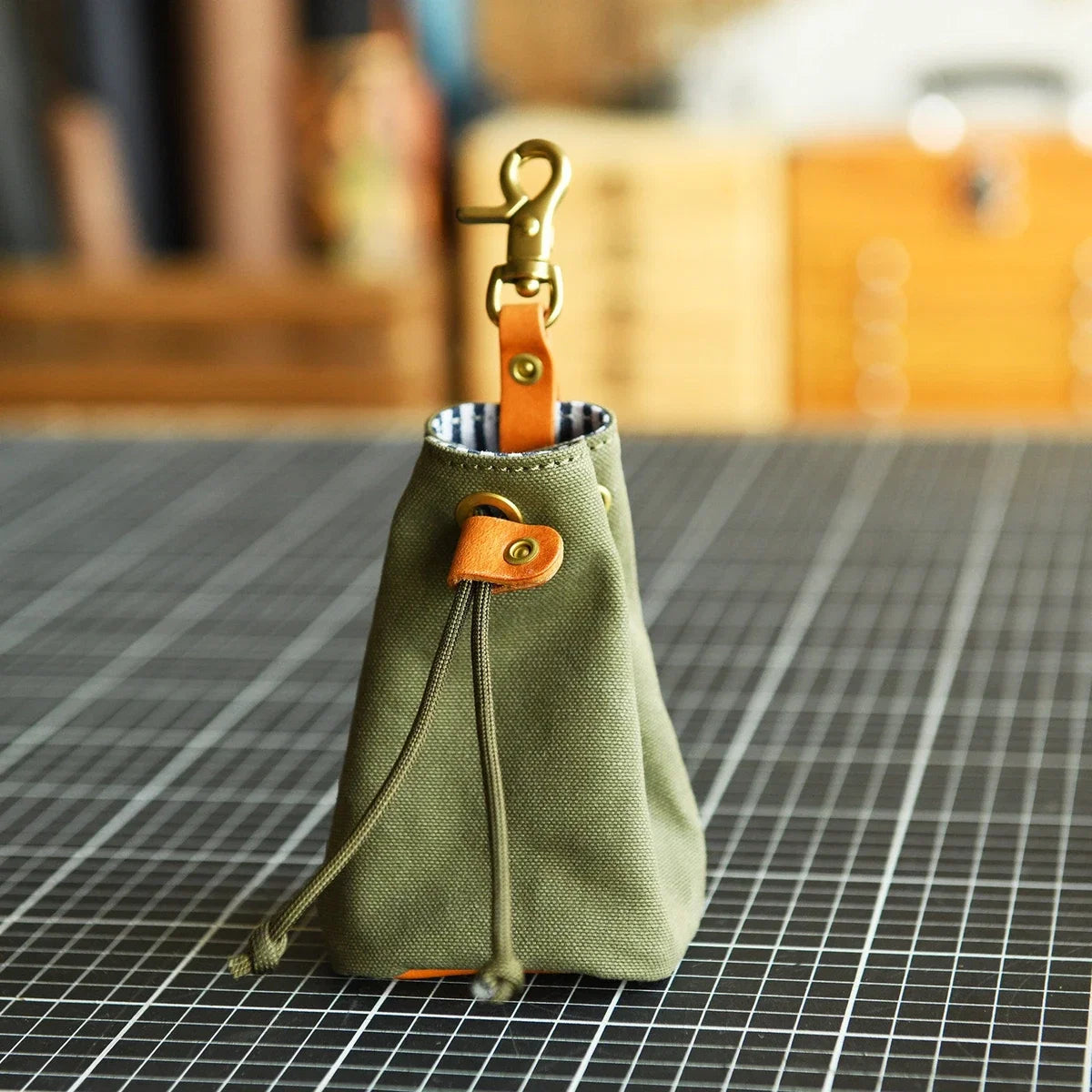 Olive Green canvas and leather drawstring storage pouch