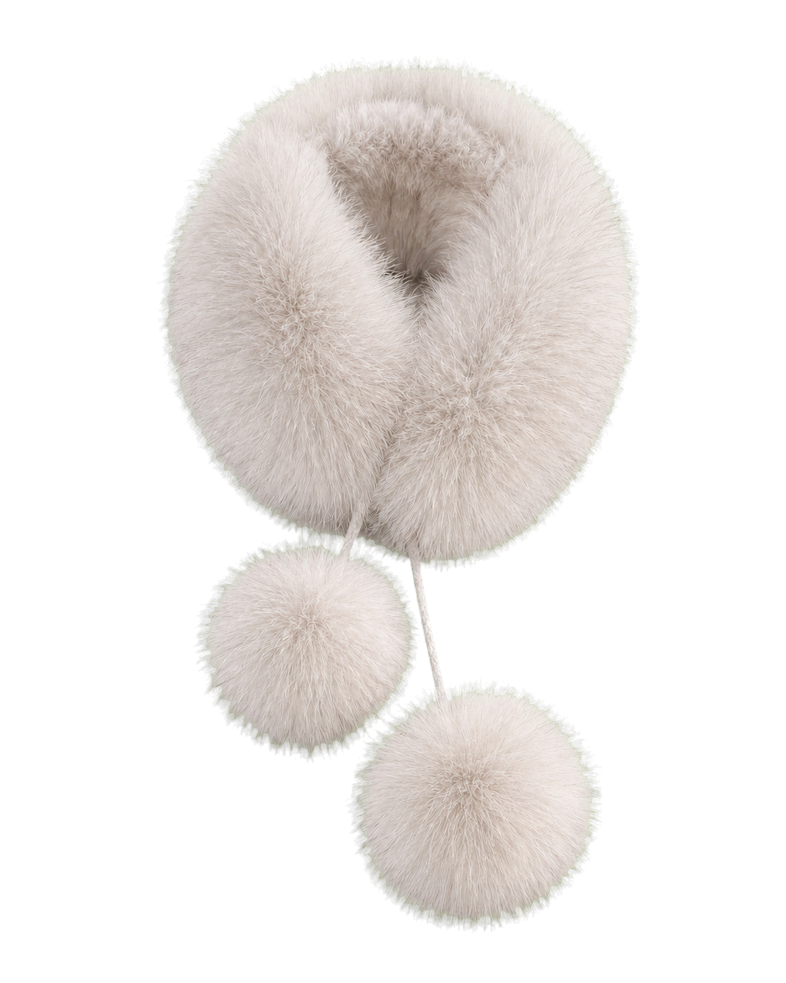 Pearl Mist genuine fox fur loop scarf with rabbit fur lining and two pom-poms on transparent background
