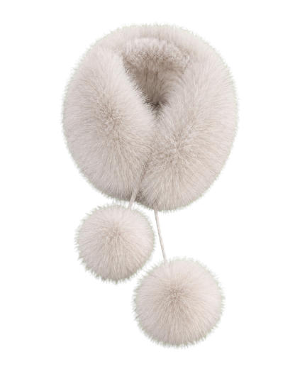 Pearl Mist genuine fox fur loop scarf with rabbit fur lining and two pom-poms on transparent background