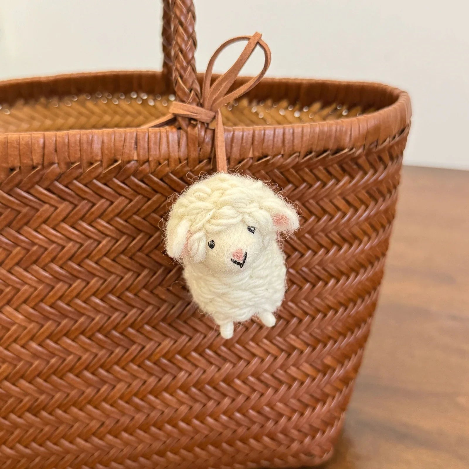Pink nose handmade wool felt sheep bag charm with hanging cord