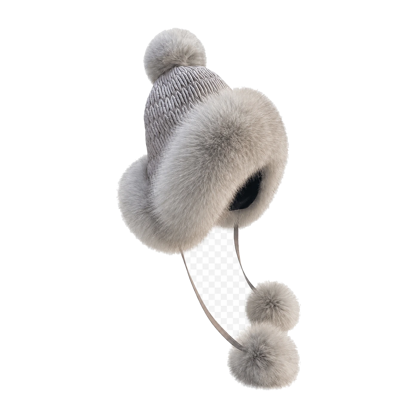 Light Gray genuine fox fur earflap trapper hat on transparent background