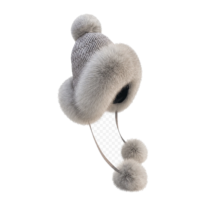 Light Gray genuine fox fur earflap trapper hat on transparent background