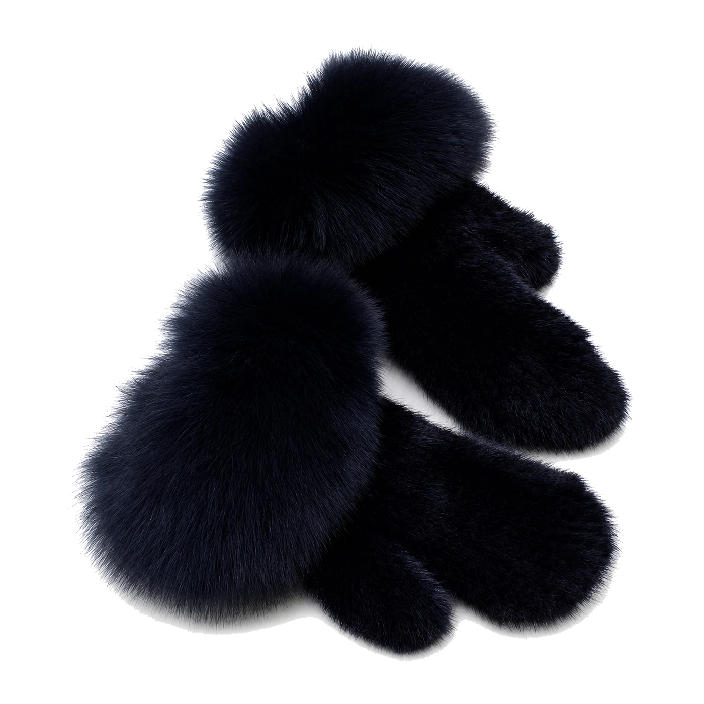 Midnight Black genuine mink fur mittens with oversized fox fur cuffs on transparent background